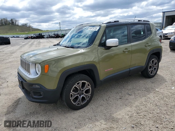2015 Jeep Renegade Limited with VIN ZACCJBDT0FPB62974, listed as a Copart auction lot 54979735 with 104,023 mi miles and Non Repairable. Bid and sale history available at DreamBid. Image 1.