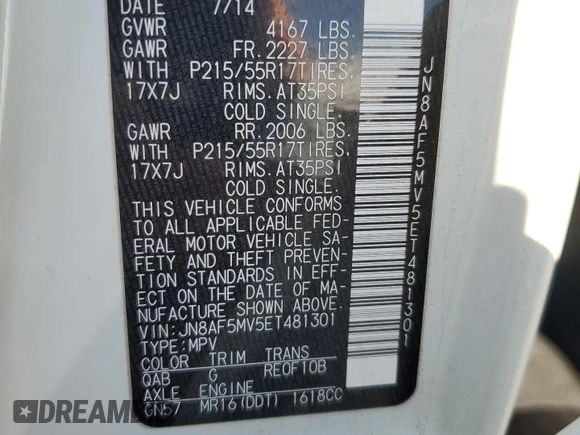 2014 Nissan Juke S with VIN JN8AF5MV5ET481301, listed as a Copart auction lot 45581615 with 109,936 mi miles and Salvage title. Bid and sale history available at DreamBid. Image 14.