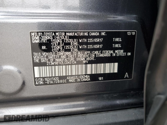 2020 Toyota RAV4 XLE with VIN 2T3W1RFV2LC045134, listed as a Copart auction lot 59635475 with 122,144 mi miles and Salvage title. Bid and sale history available at DreamBid. Image 13.