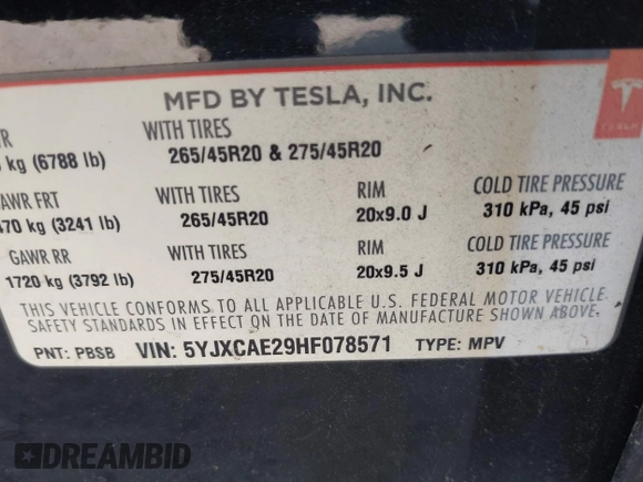 2017 Tesla Model X 90D z VIN 5YJXCAE29HF078571, wystawiony jako IAAI lot #42050041 z przebiegiem 216 874 mil mil oraz . Historia ofert i sprzedaży dostępna na DreamBid. Obrazek 9.