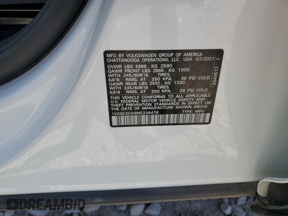 2021 Volkswagen Atlas S with VIN 1V2GC2CA9MC236476, listed as a Copart auction lot 60403814 with 53,312 mi miles and Salvage title. Bid and sale history available at DreamBid. Image 13.