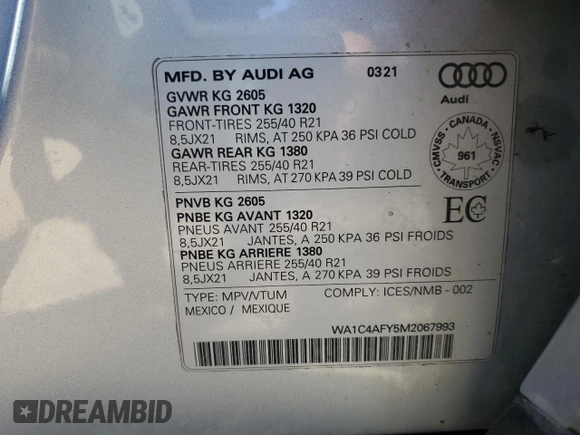 2021 Audi SQ5 Prestige with VIN WA1C4AFY5M2067993, listed as a Copart auction lot 65402645 with 118,520 mi miles and Clean title. Bid and sale history available at DreamBid. Image 13.