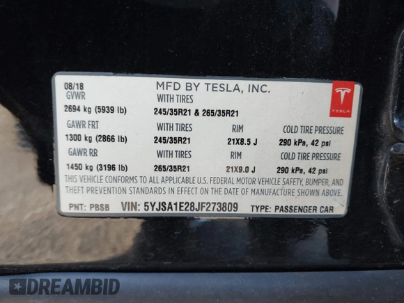 2018 Tesla Model S 75D with VIN 5YJSA1E28JF273809, listed as a IAAI auction lot 42029434 with 85,972 mi miles and . Bid and sale history available at DreamBid. Image 9.
