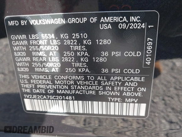 2025 Volkswagen Atlas SE z VIN 1V2JE2CA7SC201481, wystawiony jako IAAI lot #41246452 z przebiegiem 2 466 mil mil oraz . Historia ofert i sprzedaży dostępna na DreamBid. Obrazek 9.