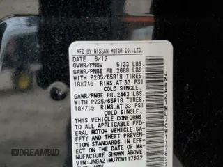 2012 Nissan Murano S z VIN JN8AZ1MU7CW117822, wystawiony jako Copart lot #54722895 z przebiegiem 111 605 mil mil oraz Czysty tytuł • Clean title. Historia ofert i sprzedaży dostępna na DreamBid. Obrazek 13.