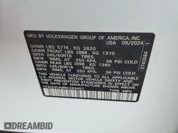 2024 Volkswagen Atlas SE with VIN 1V2LE2CA8RC263457, listed as a Copart auction lot 89281675 with 37 mi miles and Salvage title. Bid and sale history available at DreamBid. Image 13.