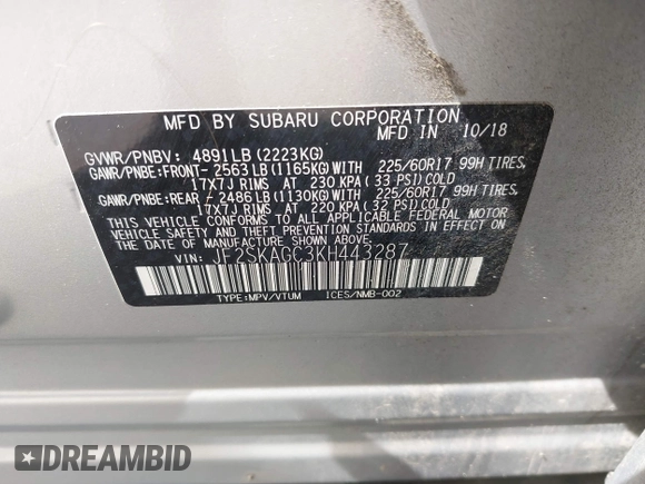 2019 Subaru Forester Premium with VIN JF2SKAGC3KH443287, listed as a IAAI auction lot 42497593 with 120,890 mi miles and . Bid and sale history available at DreamBid. Image 9.