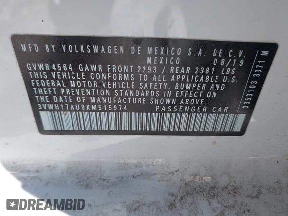 2019 Volkswagen Golf S z VIN 3VWH17AU9KM515974, wystawiony jako IAAI lot #41596110 z przebiegiem 29 019 mil mil oraz . Historia ofert i sprzedaży dostępna na DreamBid. Obrazek 9.