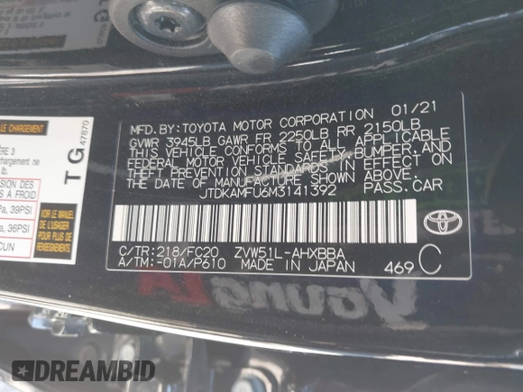 2021 Toyota Prius L Eco with VIN JTDKAMFU6M3141392, listed as a IAAI auction lot 42317866 with 137,495 mi miles and . Bid and sale history available at DreamBid. Image 8.