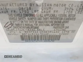 2019 Nissan Versa SV z VIN 3N1CN7AP4KL802692, wystawiony jako IAAI lot #41491391 z przebiegiem Nie podano mil oraz . Historia ofert i sprzedaży dostępna na DreamBid. Obrazek 9.