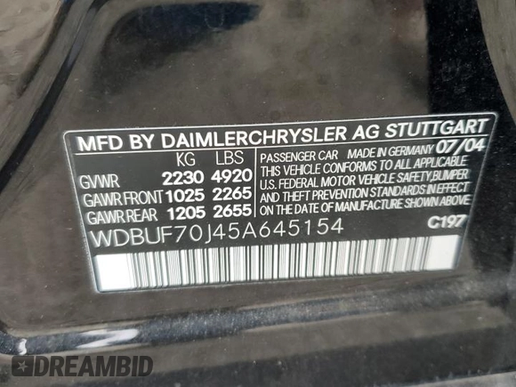 2005 Mercedes-Benz E 5.0L with VIN WDBUF70J45A645154, listed as a Copart auction lot 82883524 with 134,088 mi miles and Salvage Title. Bid and sale history available at carsss.com. Image 12.