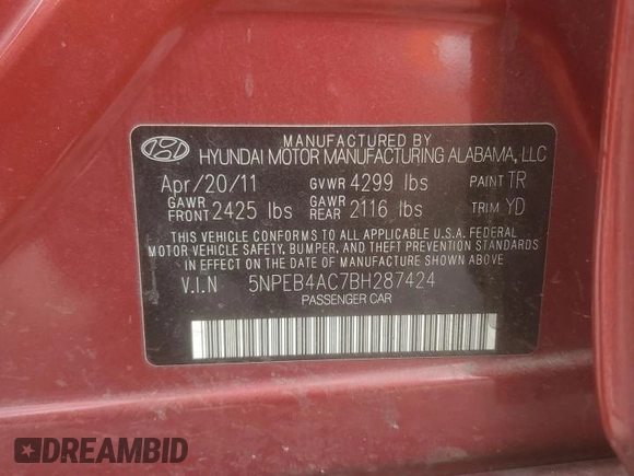 2011 Hyundai Sonata GLS with VIN 5NPEB4AC7BH287424, listed as a Copart auction lot 64012914 with 97,520 mi miles and Salvage Title. Bid and sale history available at DreamBid. Image 12.
