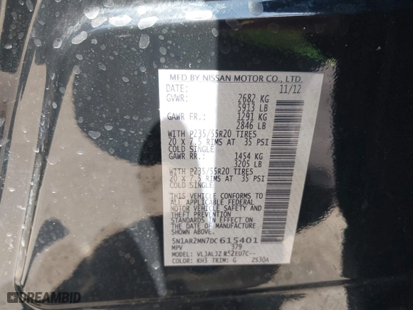 2013 Nissan Pathfinder SL with VIN 5N1AR2MN7DC615401, listed as a IAAI auction lot 41851881 with 150,266 mi miles. Bid and sale history available at carsss.com. Image 9.