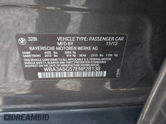 2014 BMW 3 Series 328i with VIN WBA3A5G57ENP28138, listed as a IAAI auction lot 41760371 with 147,897 mi miles and . Bid and sale history available at DreamBid. Image 9.