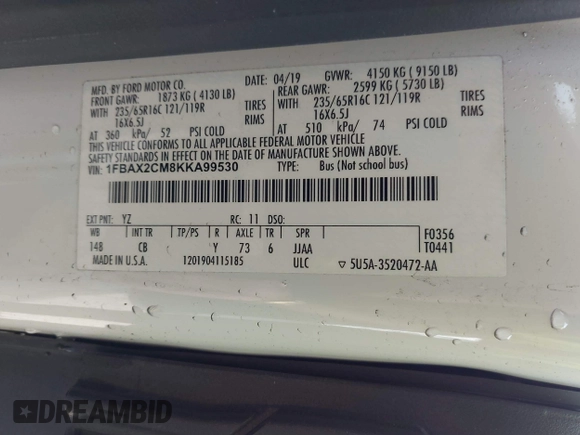 2019 Ford Transit Passenger XL with VIN 1FBAX2CM8KKA99530, listed as a IAAI auction lot 41664660 with 33,044 mi miles. Bid and sale history available at carsss.com. Image 9.