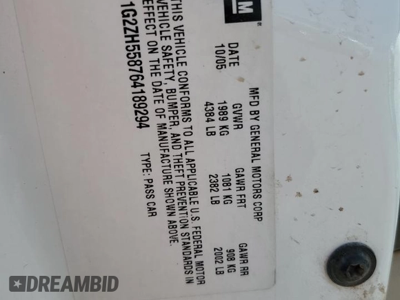 2006 Pontiac G6 GT z VIN 1G2ZH558764189294, wystawiony jako Copart lot #54360345 z przebiegiem 197 351 mil mil oraz Szkoda całkowita • Salvage title. Historia ofert i sprzedaży dostępna na DreamBid. Obrazek 12.
