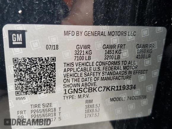 2019 Chevrolet Tahoe LT с VIN 1GNSCBKC7KR119334, выставлен на аукционе Copart как лот 55512835 с пробегом 56 710 миль миль и Списание • Salvage title. История ставок и продаж доступна на DreamBid. Изображение 13.