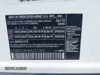 2011 Mercedes-Benz M 350 with VIN 4JGBB5GB5BA627082, listed as a IAAI auction lot 42036823 with 164,098 mi miles and . Bid and sale history available at DreamBid. Image 9.