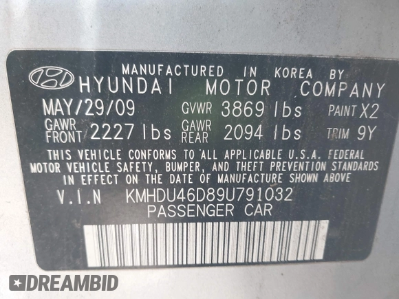 2009 Hyundai Elantra GLS with VIN KMHDU46D89U791032, listed as a IAAI auction lot 42127844 with 149,743 mi miles and . Bid and sale history available at DreamBid. Image 9.