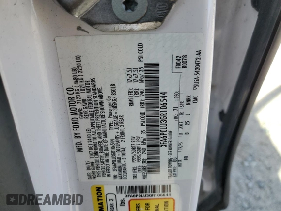 2016 Ford Fusion SE Hybrid with VIN 3FA6P0LU3GR106544, listed as a Copart auction lot 61456035 with 156,750 mi miles and Salvage title. Bid and sale history available at DreamBid. Image 13.