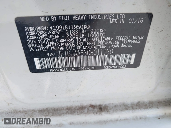 2016 Subaru Impreza z VIN JF1GJAA63GH011130, wystawiony jako IAAI lot #42283086 z przebiegiem 2 395 mil mil oraz . Historia ofert i sprzedaży dostępna na DreamBid. Obrazek 9.