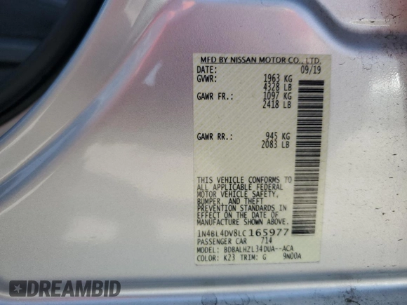 2020 Nissan Altima SV z VIN 1N4BL4DV8LC165977, wystawiony jako Copart lot #52112495 z przebiegiem 60 918 mil mil oraz Szkoda całkowita • Salvage title. Historia ofert i sprzedaży dostępna na DreamBid. Obrazek 12.