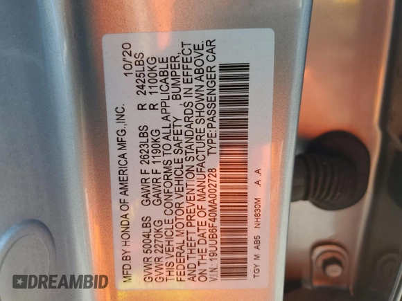 2021 Acura TLX w/Technology Package with VIN 19UUB6F40MA002728, listed as a Copart auction lot 48568745 with 60,825 mi miles and Salvage Title. Bid and sale history available at carsss.com. Image 13.