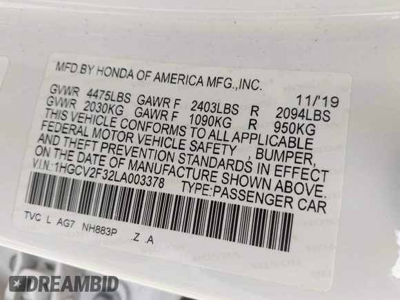 2020 Honda Accord Sport with VIN 1HGCV2F32LA003378, listed as a IAAI auction lot 42497967 with Not provided miles and . Bid and sale history available at DreamBid. Image 9.