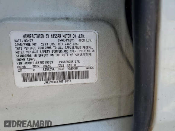 2007 Infiniti G35 Journey with VIN JNKBV61E87M719053, listed as a Copart auction lot 70626594 with 179,711 mi miles and Salvage Title. Bid and sale history available at DreamBid. Image 12.