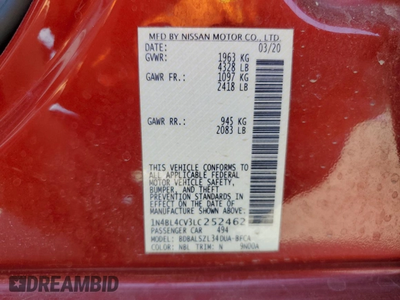 2020 Nissan Altima 2.5 SR with VIN 1N4BL4CV3LC252462, listed as a Copart auction lot 71038264 with 63,604 mi miles and Salvage Title. Bid and sale history available at carsss.com. Image 12.