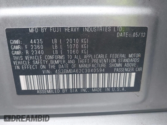 2012 Subaru Legacy 2.5i with VIN 4S3BMBA62C3040594, listed as a IAAI auction lot 42465861 with 78,070 mi miles and . Bid and sale history available at DreamBid. Image 9.