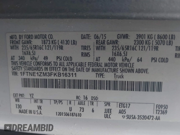 2015 Ford Transit Cargo with VIN 1FTNE1ZM3FKB16311, listed as a IAAI auction lot 41715851 with 159,231 mi miles. Bid and sale history available at carsss.com. Image 9.
