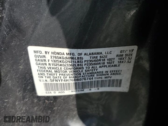 2013 Honda Pilot EX-L с VIN 5FNYF4H76DB076744, выставлен на аукционе Copart как лот 48924305 с пробегом 223 542 миль миль и Списание • Salvage title. История ставок и продаж доступна на DreamBid. Изображение 15.