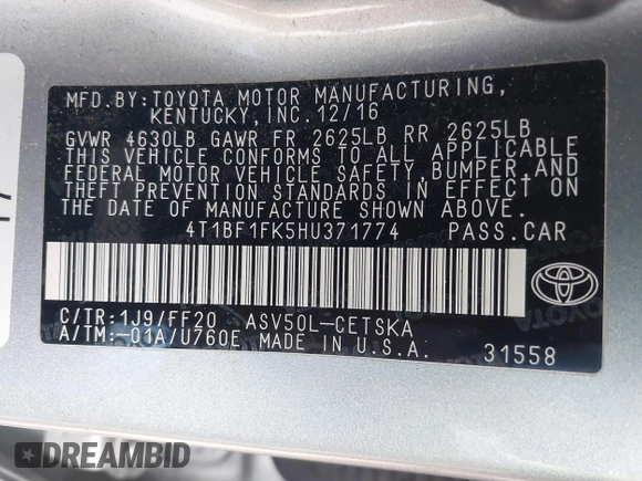 2017 Toyota Camry XLE with VIN 4T1BF1FK5HU371774, listed as a IAAI auction lot 41521132 with 102,582 mi miles. Bid and sale history available at carsss.com. Image 9.