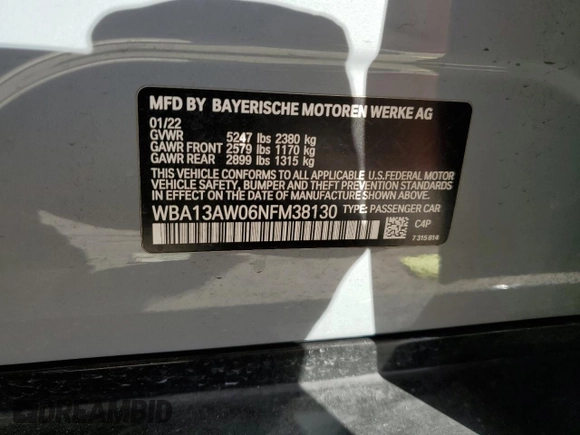2022 BMW 4 Series M440i xDrive with VIN WBA13AW06NFM38130, listed as a Copart auction lot 82403874 with 49,302 mi miles and Salvage title. Bid and sale history available at DreamBid. Image 12.