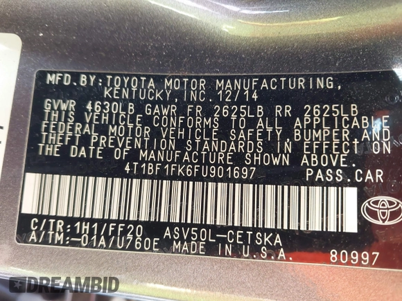 2015 Toyota Camry XLE with VIN 4T1BF1FK6FU901697, listed as a IAAI auction lot 41974098 with 121,817 mi miles. Bid and sale history available at carsss.com. Image 9.