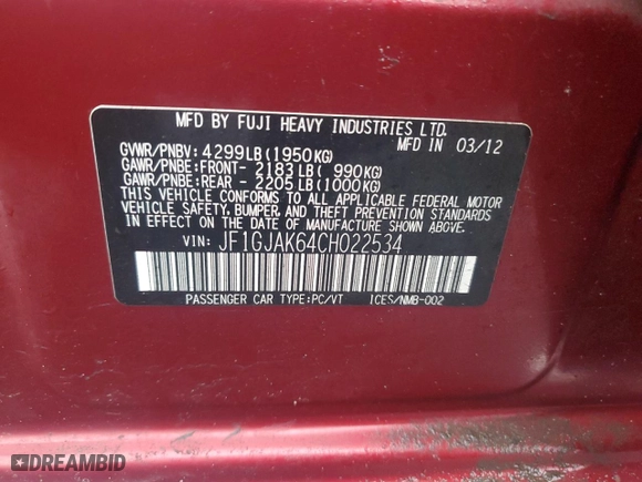 2012 Subaru Impreza Sedan 2.0i Limited with VIN JF1GJAK64CH022534, listed as a Copart auction lot 48735945 with 114,849 mi miles and Salvage Title. Bid and sale history available at carsss.com. Image 14.
