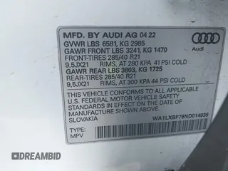 2022 Audi Q7 Premium Plus with VIN WA1LXBF76ND014939, listed as a IAAI auction lot 41925444 with 34,807 mi miles and . Bid and sale history available at DreamBid. Image 9.