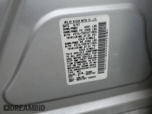2008 Nissan Rogue S with VIN JN8AS58V58W101205, listed as a Copart auction lot 54523115 with 129,497 mi miles and Salvage Title. Bid and sale history available at DreamBid. Image 13.