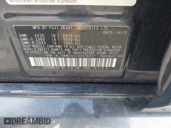 2012 Subaru Legacy Premium с VIN 4S3BMBC6XC3037911, выставлен на аукционе IAAI как лот 42376162 с пробегом 150 974 миль миль и . История ставок и продаж доступна на DreamBid. Изображение 9.