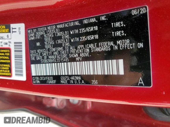 2020 Toyota Highlander LE with VIN 5TDBZRBH5LS515485, listed as a Copart auction lot 62426155 with 100,089 mi miles and Salvage title. Bid and sale history available at DreamBid. Image 13.
