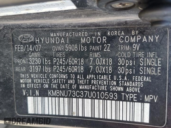 2007 Hyundai Veracruz GLS with VIN KM8NU73C37U010593, listed as a Copart auction lot 54357255 with 208,725 mi miles and Clean Title. Bid and sale history available at DreamBid. Image 13.