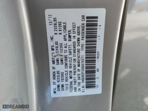 2013 Honda Accord Sdn LX with VIN 1HGCR2F30DA076271, listed as a Copart auction lot 48957525 with 137,365 mi miles and Salvage Title. Bid and sale history available at carsss.com. Image 14.