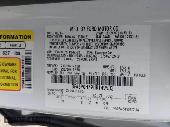 2017 Ford Fusion SE with VIN 3FA6P0H79HR149533, listed as a IAAI auction lot 41886152 with 119,049 mi miles. Bid and sale history available at carsss.com. Image 9.
