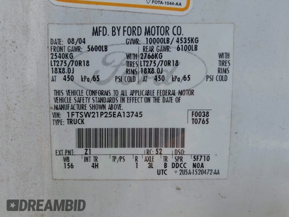 2005 Ford F-250 XL с VIN 1FTSW21P25EA13745, выставлен на аукционе IAAI как лот 42273521 с пробегом 259 024 миль миль и . История ставок и продаж доступна на DreamBid. Изображение 9.