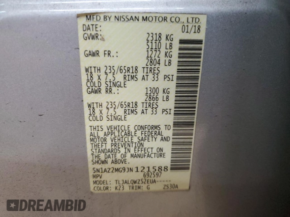 2018 Nissan Murano SV with VIN 5N1AZ2MG9JN121588, listed as a Copart auction lot 48748795 with 132,433 mi miles and Salvage Title. Bid and sale history available at DreamBid. Image 14.