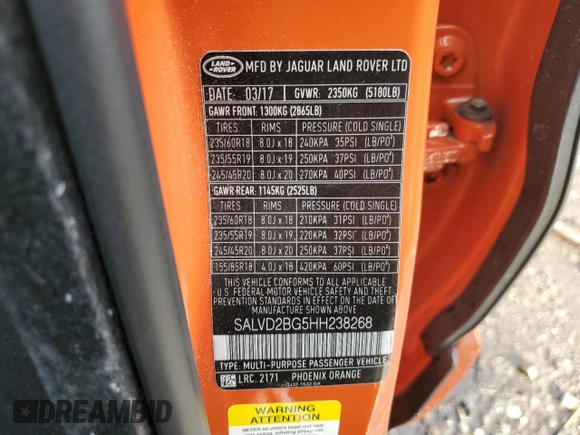 2017 Land Rover Range Rover Evoque HSE Dynamic with VIN SALVD2BG5HH238268, listed as a Copart auction lot 88086275 with 90,665 mi miles and Salvage Title. Bid and sale history available at carsss.com. Image 14.