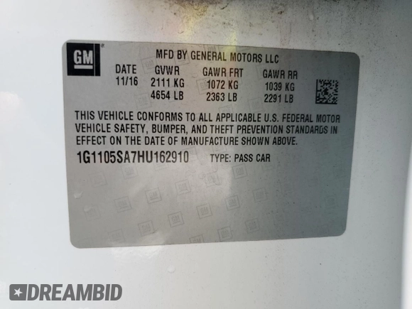 2017 Chevrolet Impala LT with VIN 1G1105SA7HU162910, listed as a Copart auction lot 54165145 with 115,315 mi miles and Salvage Title. Bid and sale history available at DreamBid. Image 12.