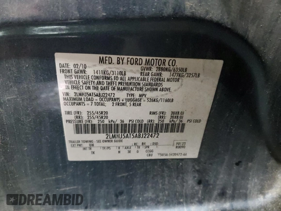 2010 Lincoln MKT EcoBoost with VIN 2LMHJ5AT5ABJ22472, listed as a Copart auction lot 49413335 with 208,716 mi miles and Salvage Title. Bid and sale history available at DreamBid. Image 13.