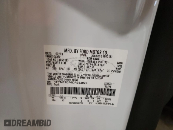 2013 Ford F-150 XL with VIN 1FTMF1EF6DFB52970, listed as a Copart auction lot 89300035 with 189,882 mi miles and Salvage Title. Bid and sale history available at DreamBid. Image 12.